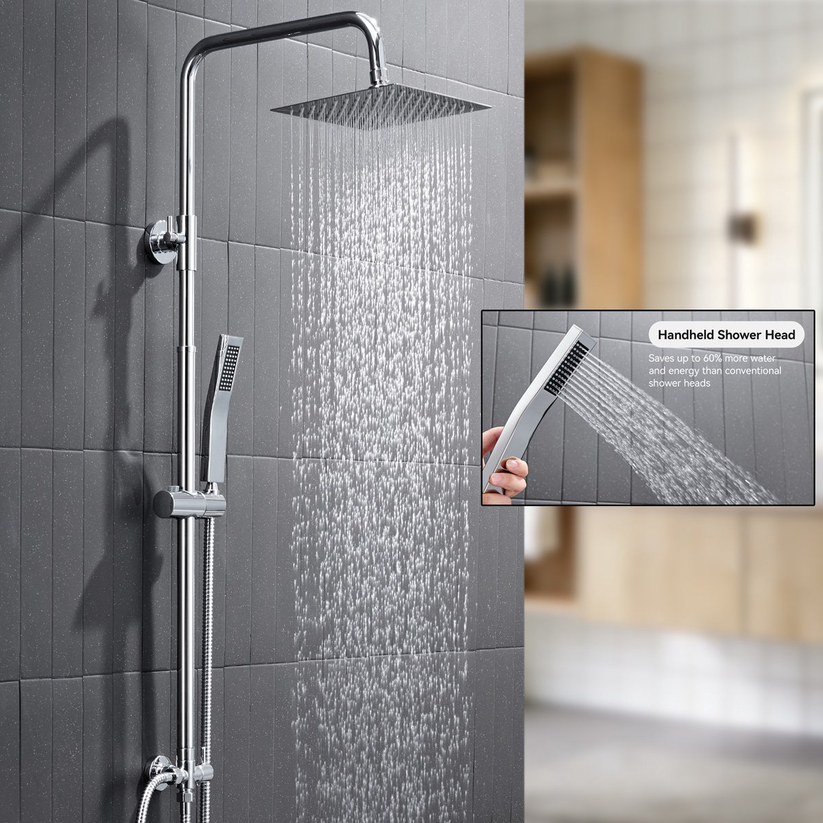 Auralum Max® - Douche Set - Regendouche zonder kraan - 8 inch Douchekop - Elegante RVS Handdouche - Duurzame Messing Omsteller - Verstelbare Hoogte - Chroom