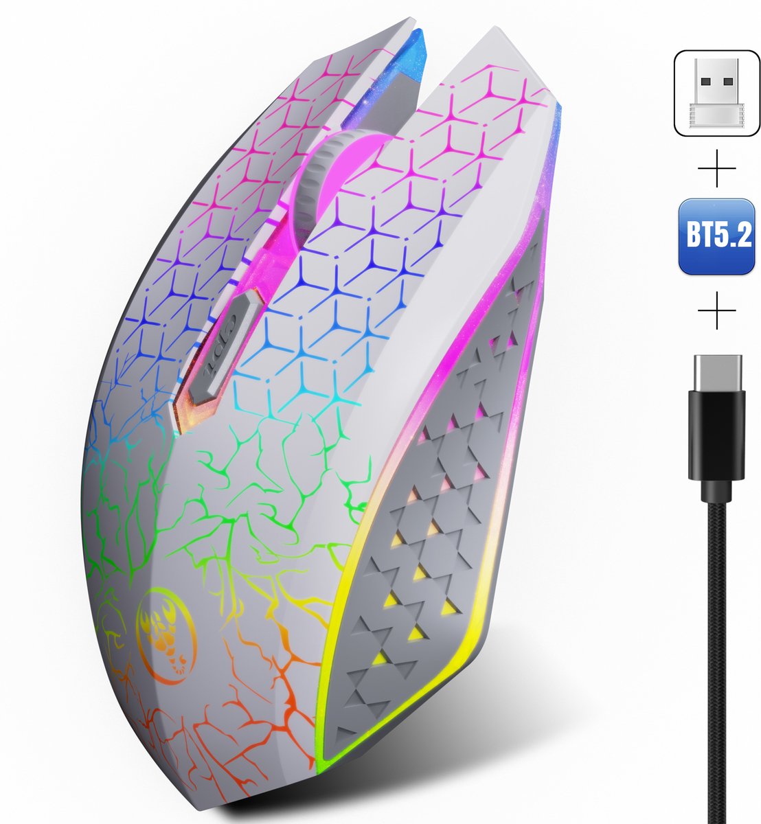 DREILEX Draadloze Witte Muis PRO GM1 met LED - Geruisloze werking - Oplaadbaar - Draagbaar - Draadloos 2.4G - Inclusief USB-ontvanger