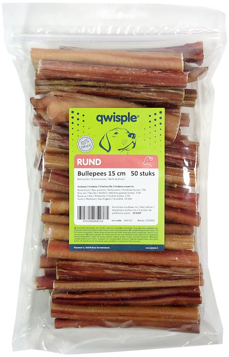 Qwisple Bullepees 15 cm - Hondensnacks Gedroogd Rund - 50 stuks