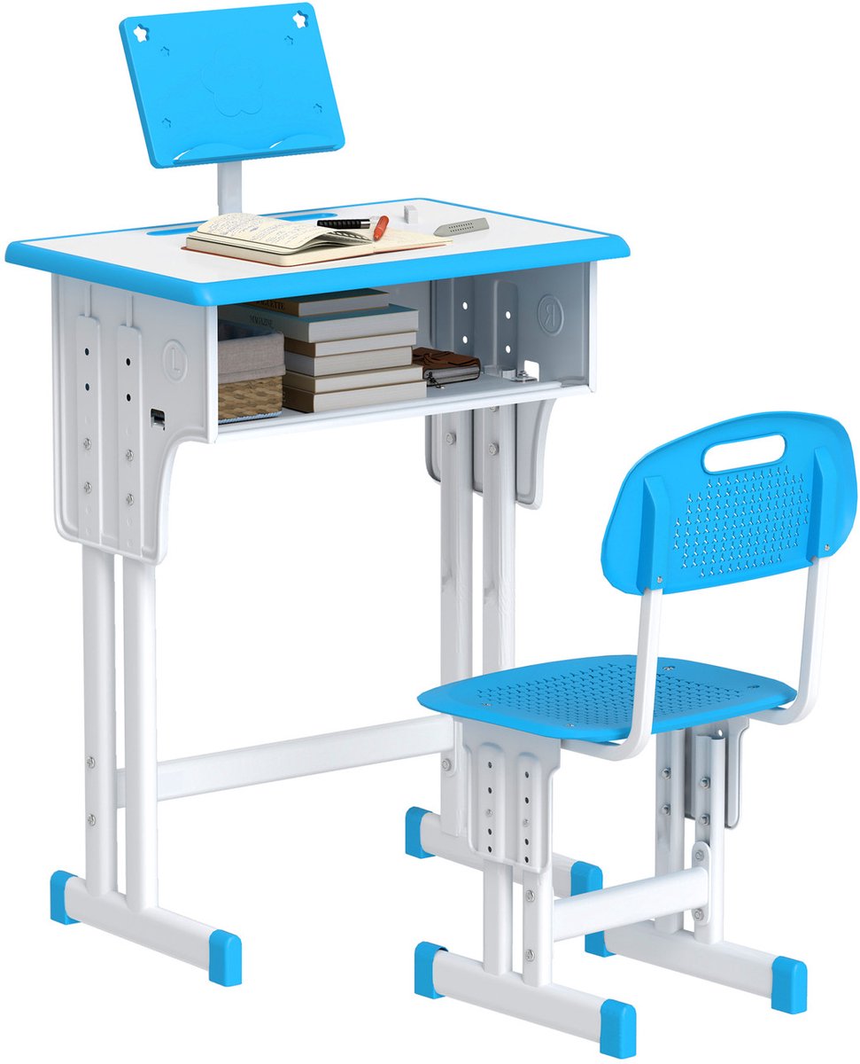 Kinder Bureau & Stoel Set – Verstelbaar – Blauw/Wit – Met Opbergvak, Boekenhouder & Pennenhouder – Geschikt 6-12 Jaar