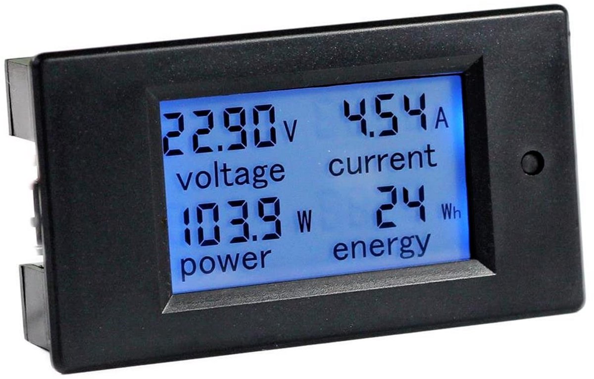 Digitale Stroom- en Spanningsmeter 6.5-100V 20A met LCD Display – 4-in-1 Multimeter voor Ampère, Volt, Watt en KWh