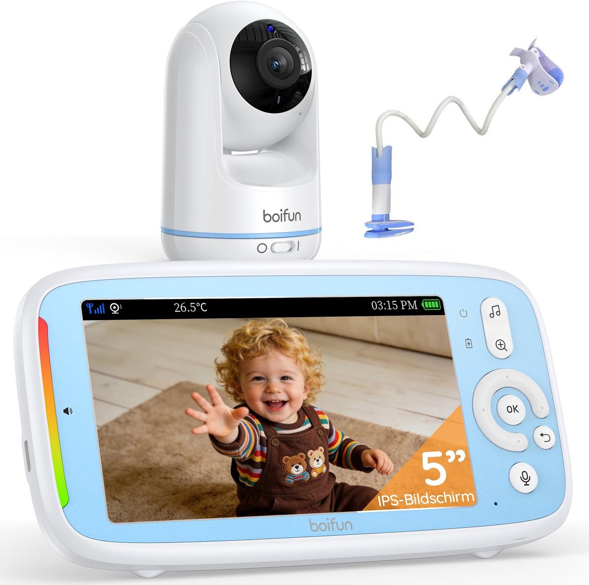 BOIFUN Babyfoon - Baby Monitor - Babyfoon Houder - Ultrahelder Nachtzicht - PTZ 360° - 3× Zoom - Zonder Wifi - Geluids-/Temperatuurdetectie - Tweeweg Audio