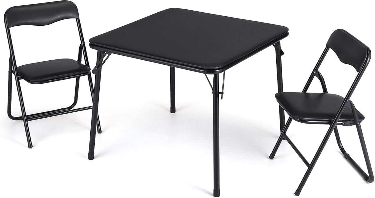 3-Delige Opvouwbare Kindertafel en Stoelen Set - Speeltafel met 2 Stoeltjes - Gewatteerd (PU Leer) - Inklapbaar - Zwart