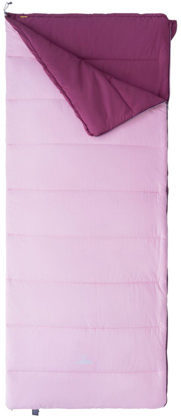 Sac de couchage rose, partiellement ouvert, doublure violette visible. Logo Nomad sur le devant.