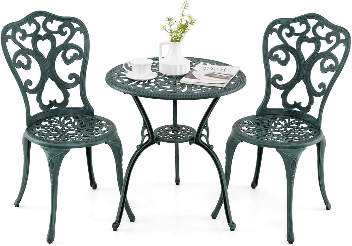 KOMFOTTEU Tuinmeubelset, 3-delig, jacht, bistroset met gat voor parasol, tafel met draagkracht 90 kg en 2 stoelen met draagkracht van 180 kg, meubels voor balkon, terras en terras (groen)