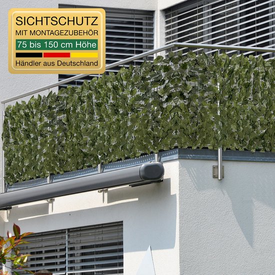ELONEO Balkonscherm 300x100 cm, Tuinscherm, Weerbestendig, Buitentuinscherm met Bladmotief, Privacy Scherm, Inclusief 20 Kabelbinders, Groen