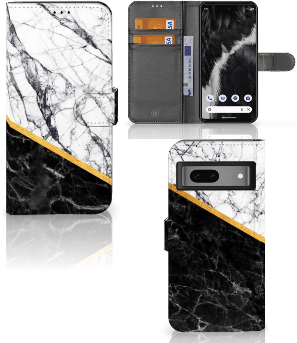 Google Pixel 7 Bookcase Marmer Wit Zwart - Origineel Cadeau Man