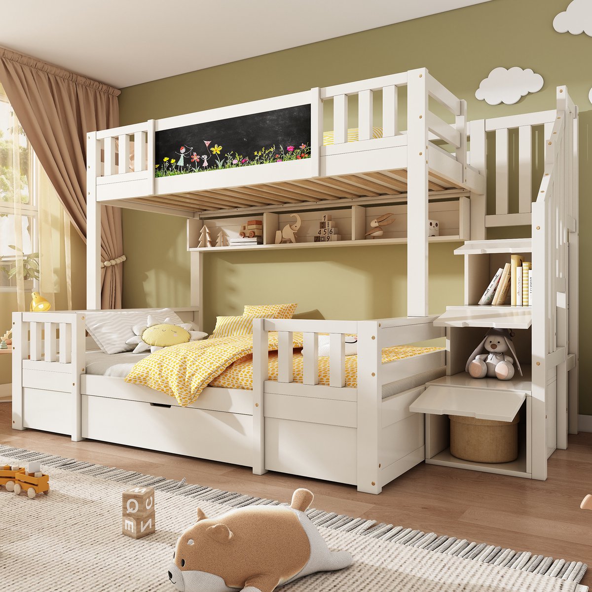 Wishdor Stapelbed 90x200 & 140x200 cm - Met krijtbord & kasttrap - Lades & opbergnissen - Wit - Creatieve gedeelde kinderkamer