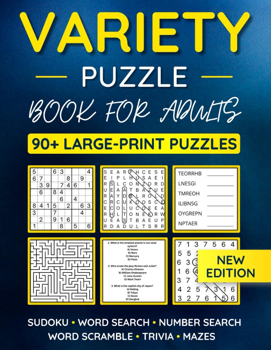 Grootformaat Puzzelboek voor Volwassenen: 90+ Puzzels, Woordzoeker, Sudoku, Trivia en Meer
