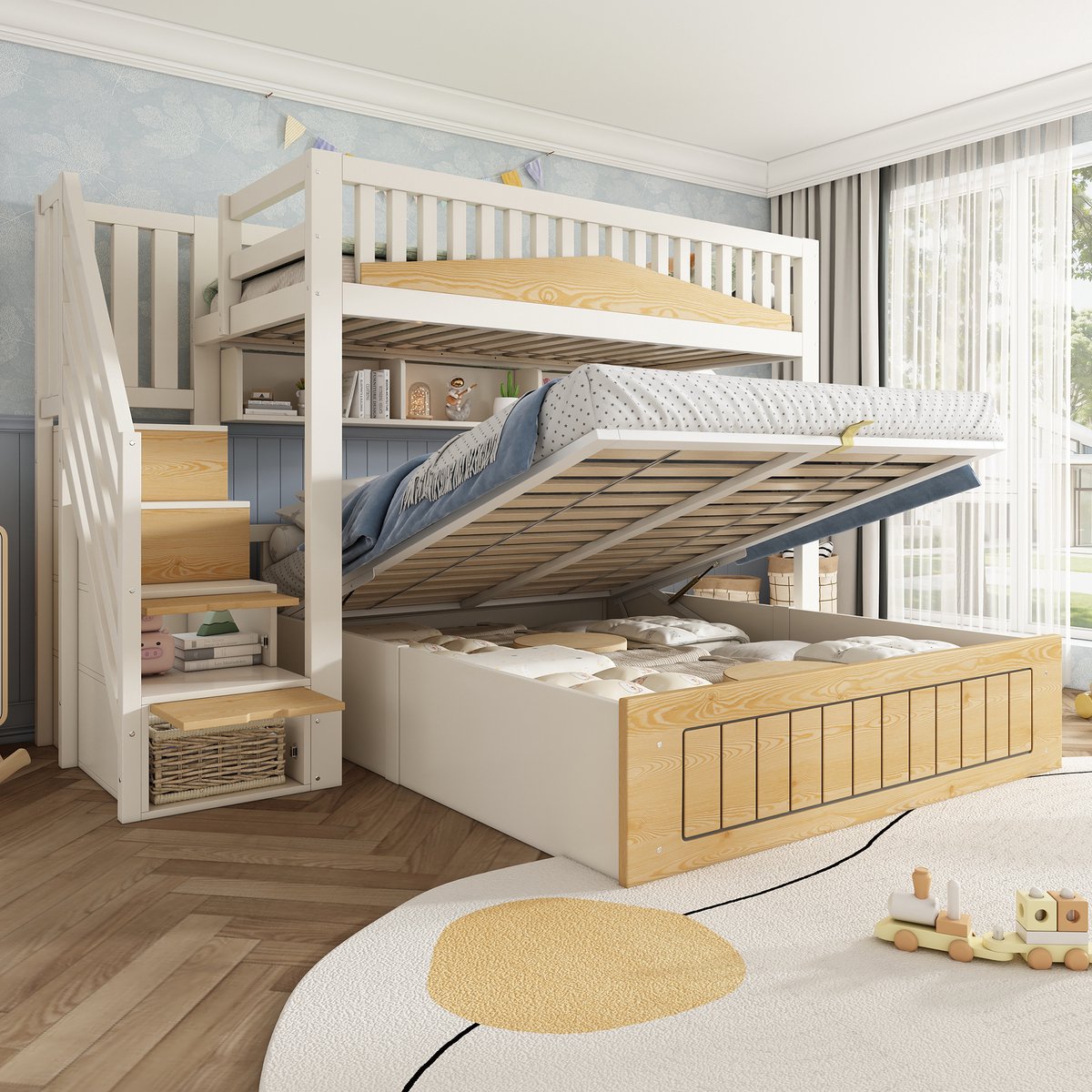 Wishdor Stapelbed - Verspringend - 90/140 x 200 cm - Trapkast en Hydraulische Opbergruimte - USB-C - Hout en Metaal - Wit en Naturel - Familie Slaapoplossing Natuurlijk + Wit