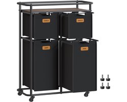 VASAGLE RLS100B01 - Wasmand met Wielen - 4 Afneembare Tassen - Met Opbergrek en 6 Labels
