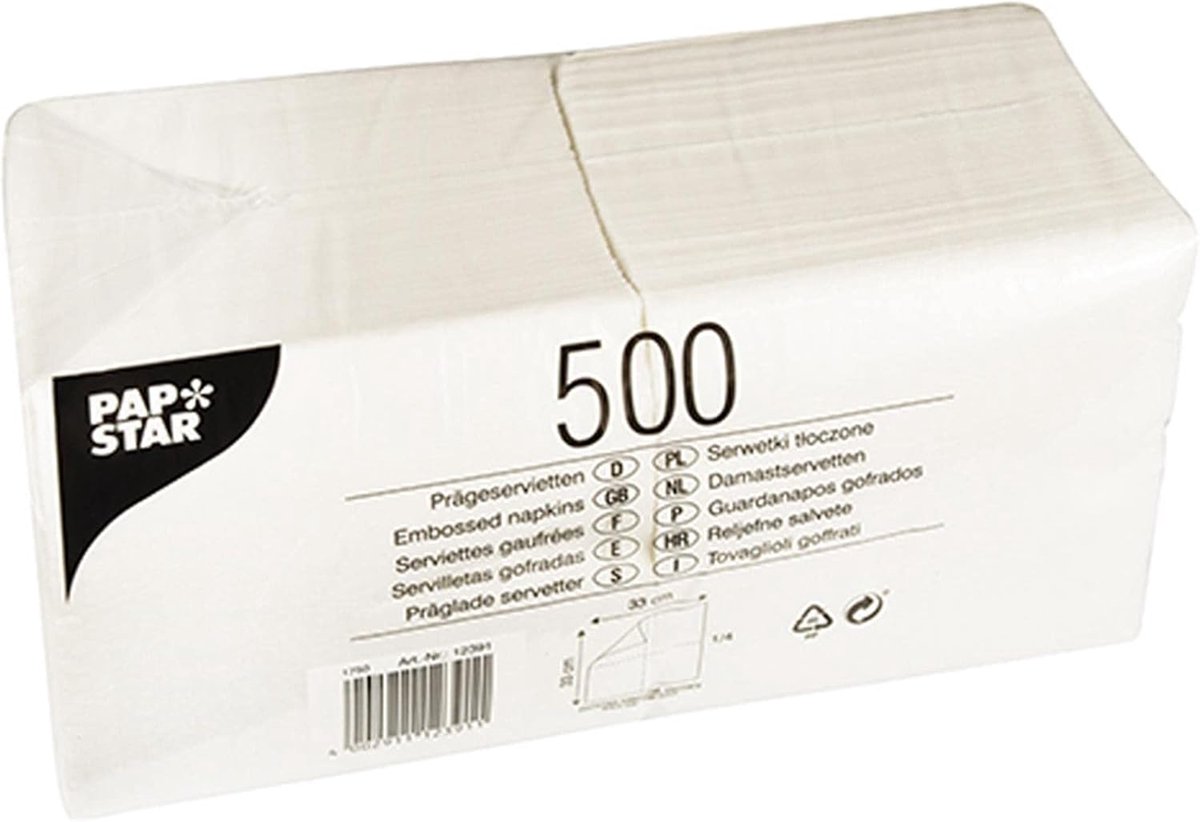Witte Servetten 33 x 33 cm - 500 Stuks, 1-laags, 1/4 Vouw