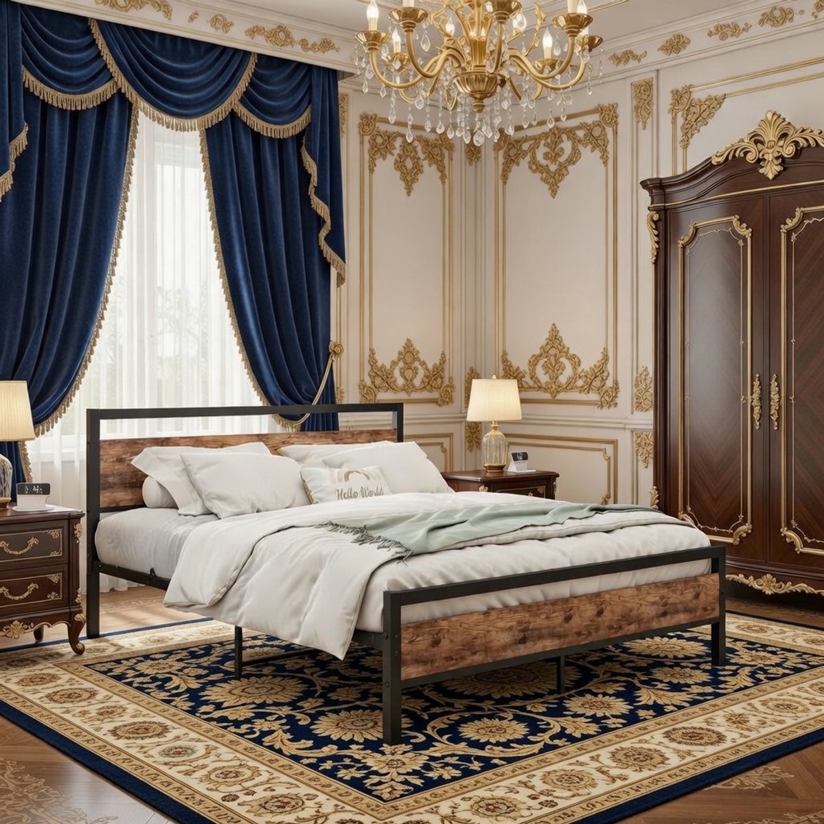 Elegance 140 x 200 cm Tweepersoons Bedframe – Modern Industrieel Metalen Bed met Houten Lattenbodem – Eenvoudige Montage, Geluidsvrij en Robuust – Slaapkamer, Logeerkamer, Tienerbed - Vita Interior