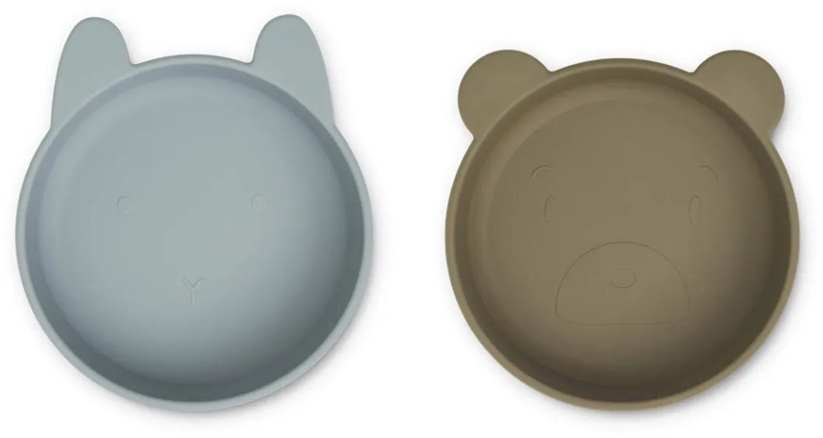 Liewood - set van 2 Siliconen Bowls - kommetjes - Blue Fog en Khaki Mix