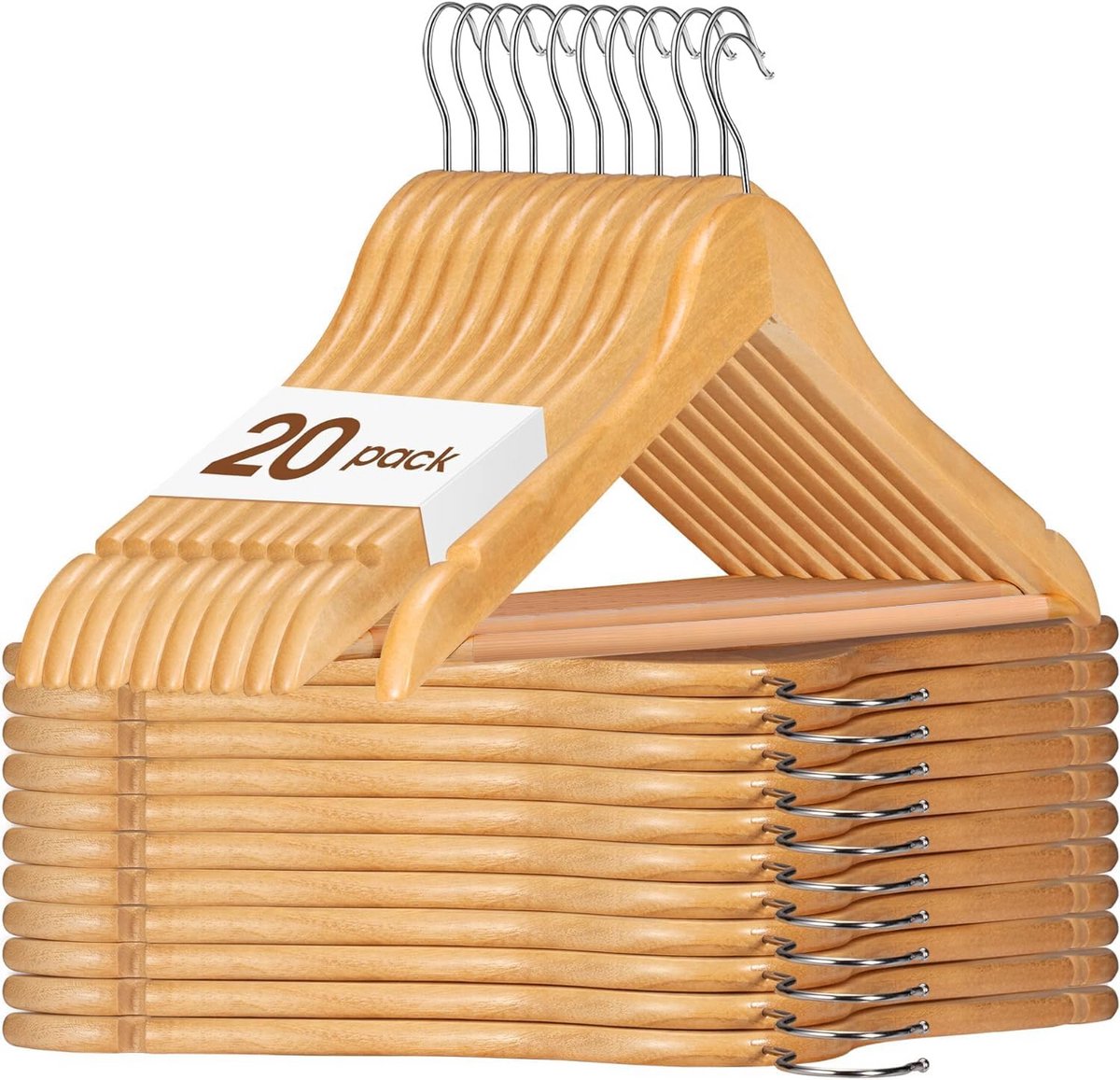 Set van 20 Houten Kledinghangers met Antislip en Chrome Draaiklus – 45cm