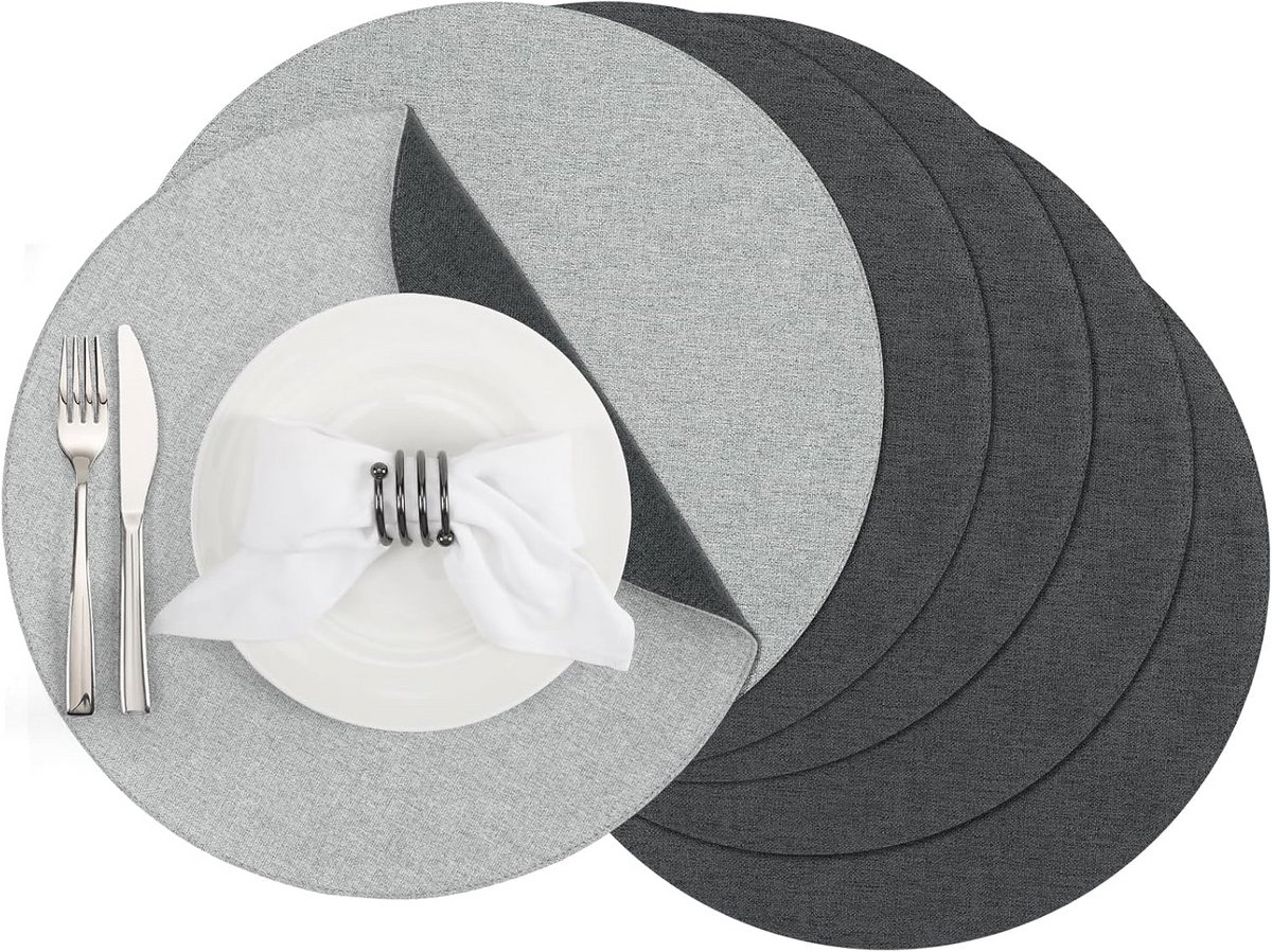 Ronde Dubbelzijdige Placemats - Set van 6 - Afwasbaar en Antislip (38 cm, Lichtgrijs-Grijs)