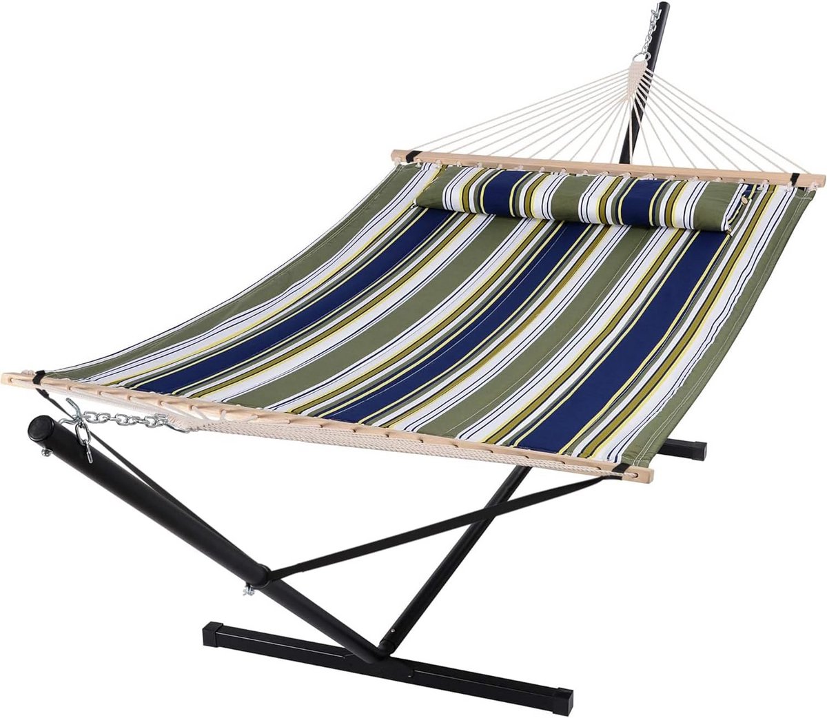 Dubbele hangmat voor 2 personen met staal standaard - Inclusief gewatteerd bed en kussen - Blauw en Aqua