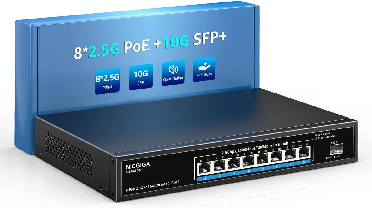 8-poorts 2.5G PoE Switch Unmanaged met 120W PoE+ en 10G SFP Uplink voor WiFi6, NAS en 4K Camera