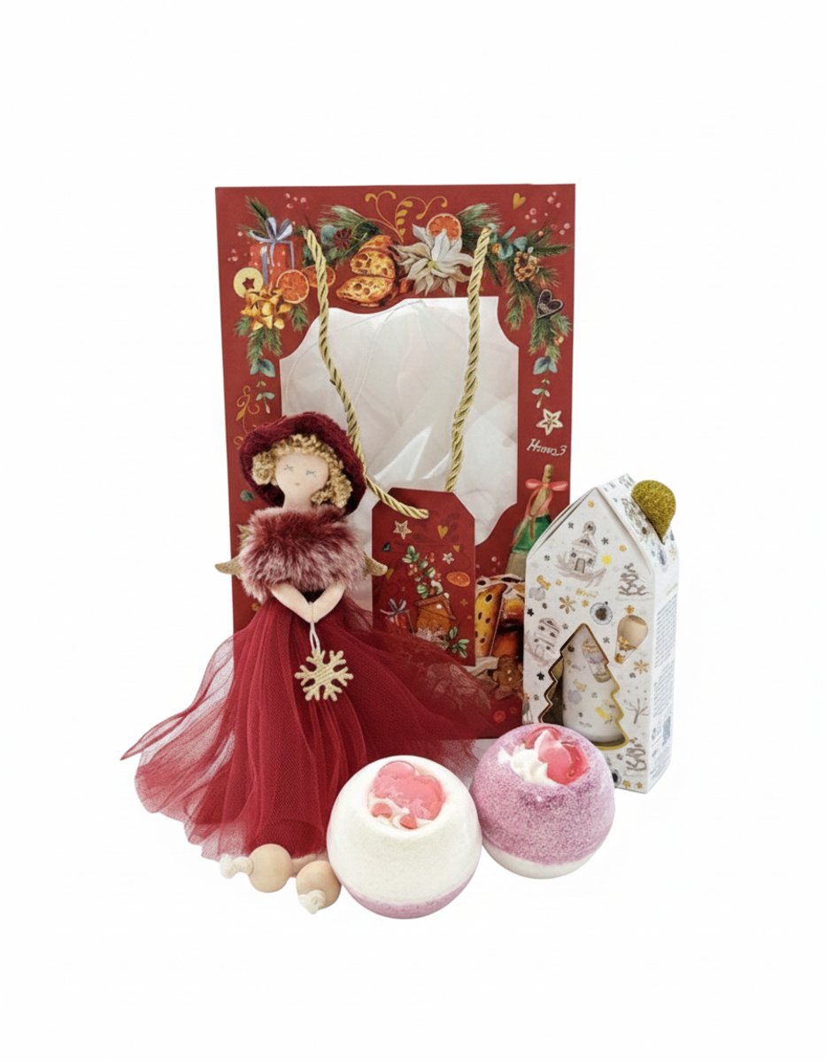 Kerstcadeau Luxe Cadeauset voor Vrouwen – Wellness Geschenkset met Bruisballen, Handcrème & Kerst Engel – Verwenpakket in Cadeautas