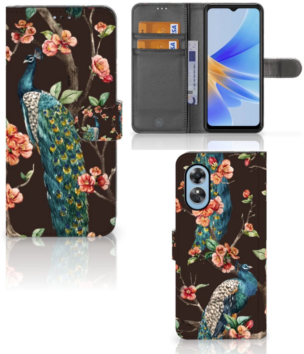 Book Case voor OPPO A17 Telefoonhoesje met Pasjes Pauw met Bloemen