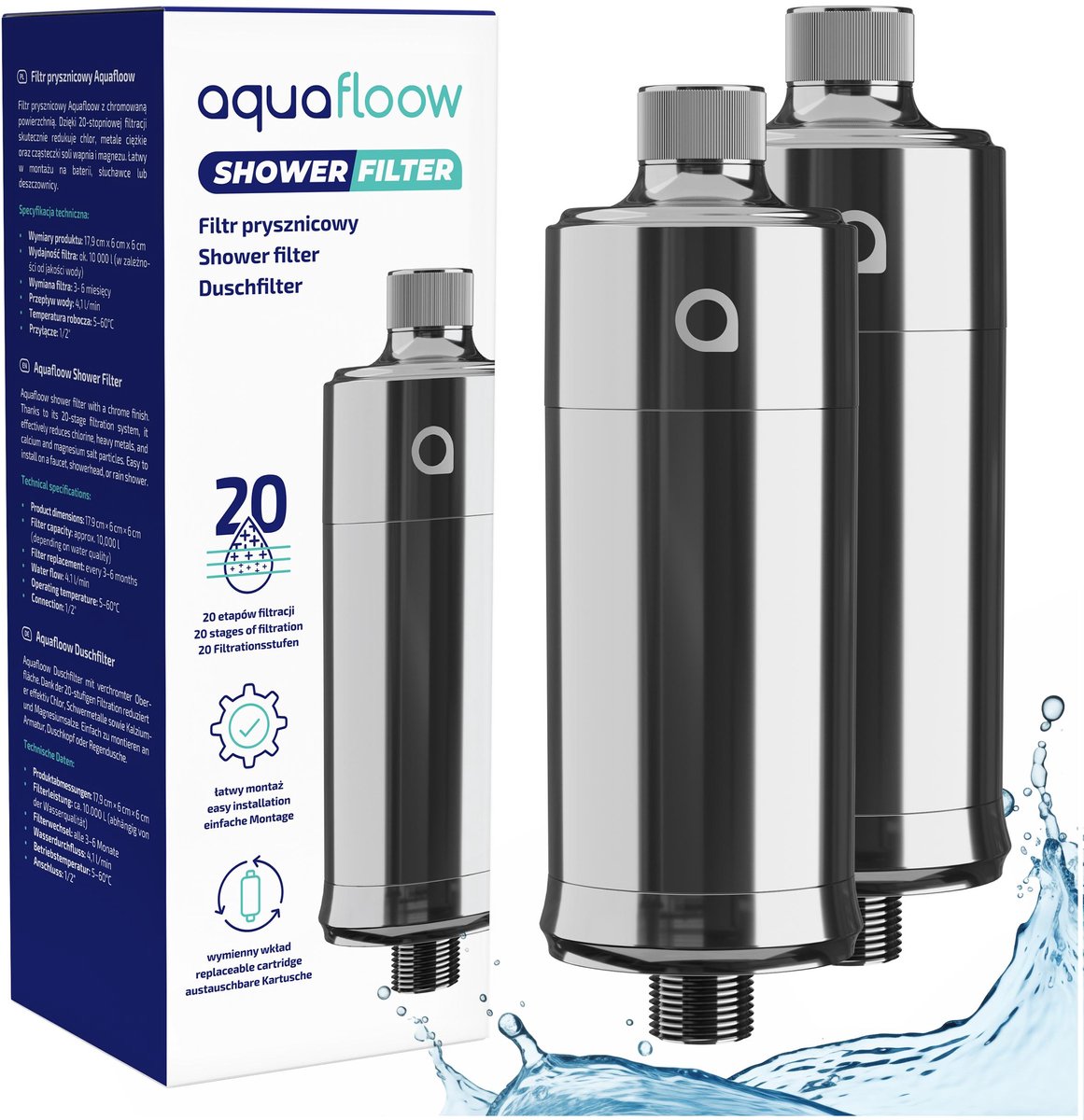 Aquafloow 2x douchefilter – 20-laags waterfilter voor douchekop – verwijdert zware metalen, chloor en voorkomt kalkaanslag – verbetert de waterkwaliteit – Glossy Silver