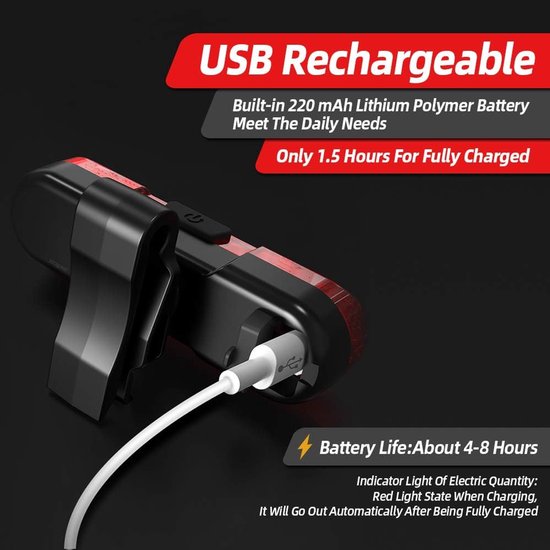 2-Stuks Fiets Achterlicht – USB Oplaadbaar Helder LED Achterlicht – 4 Verlichtingsstanden – Waterdicht Fiets Knipperlicht voor Alle Fietsen en Veilig Nachtrijden — afbeelding 3