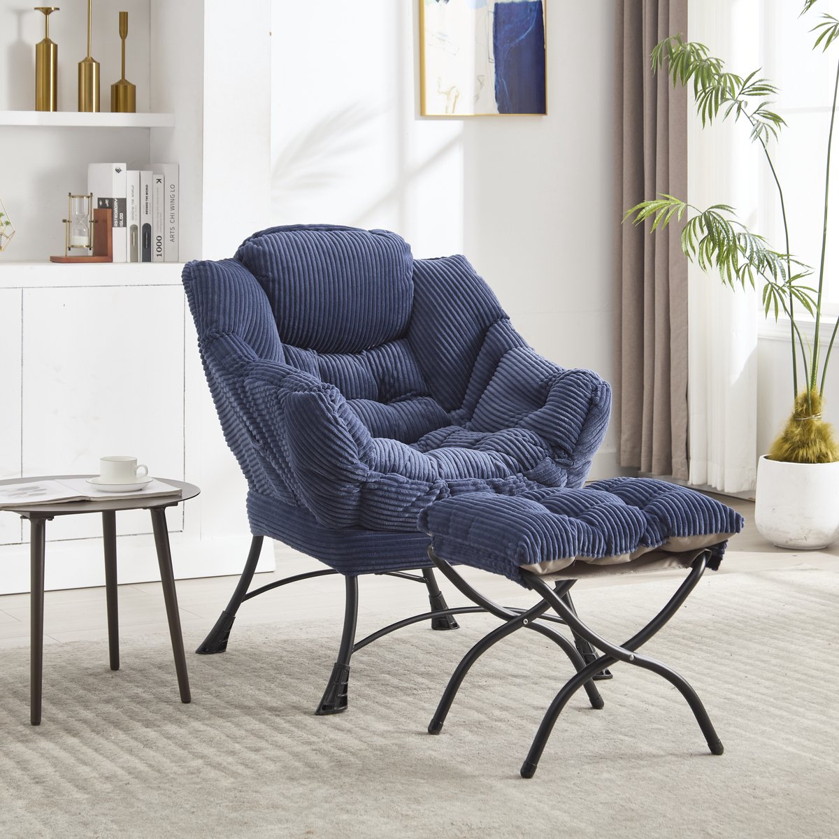 HAUSS SPOLE Fauteuil Met Voetenbank - Loungestoel Met Armleuningen En Zijvak - Voor Woonkamer Slaapkamer En Leeshoek - Staal - Donkerblauw