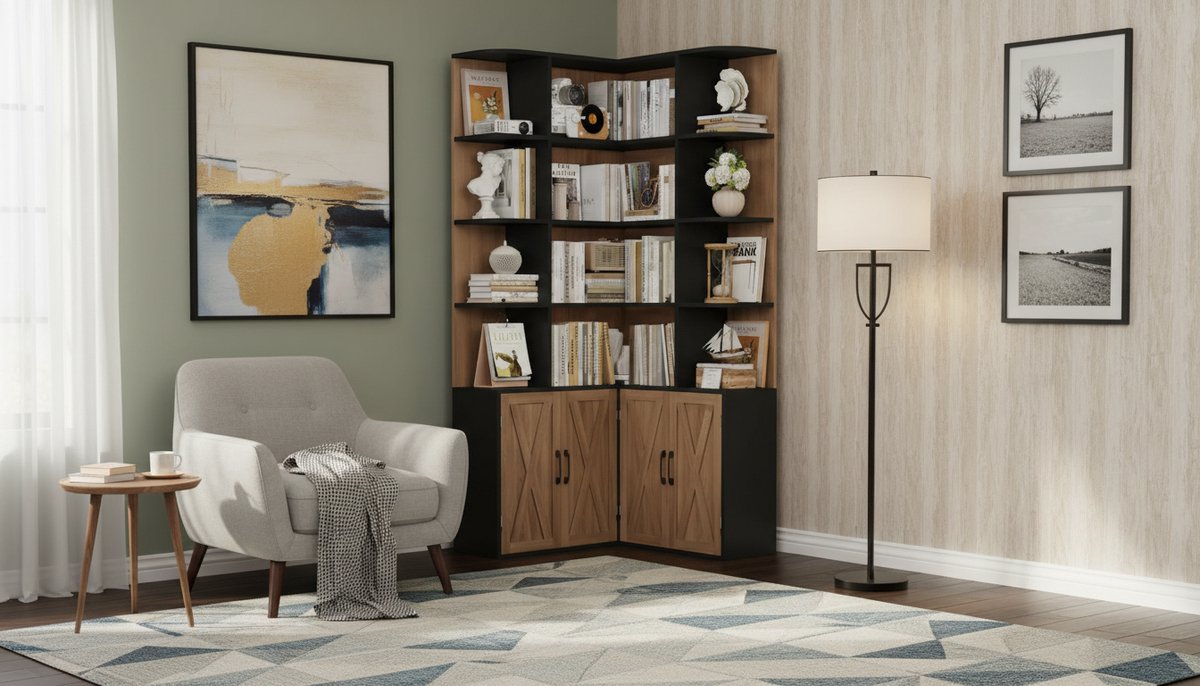 Boekenkast Hoek Casa Velluto L-Shape – Vrijstaande L-vormige Boekenkast met 12 Vakken en Deuren – Houten Vitrinekast voor Woonkamer, Kantoor of Slaapkamer – Zwart & Eiken – 187×80×80 cm