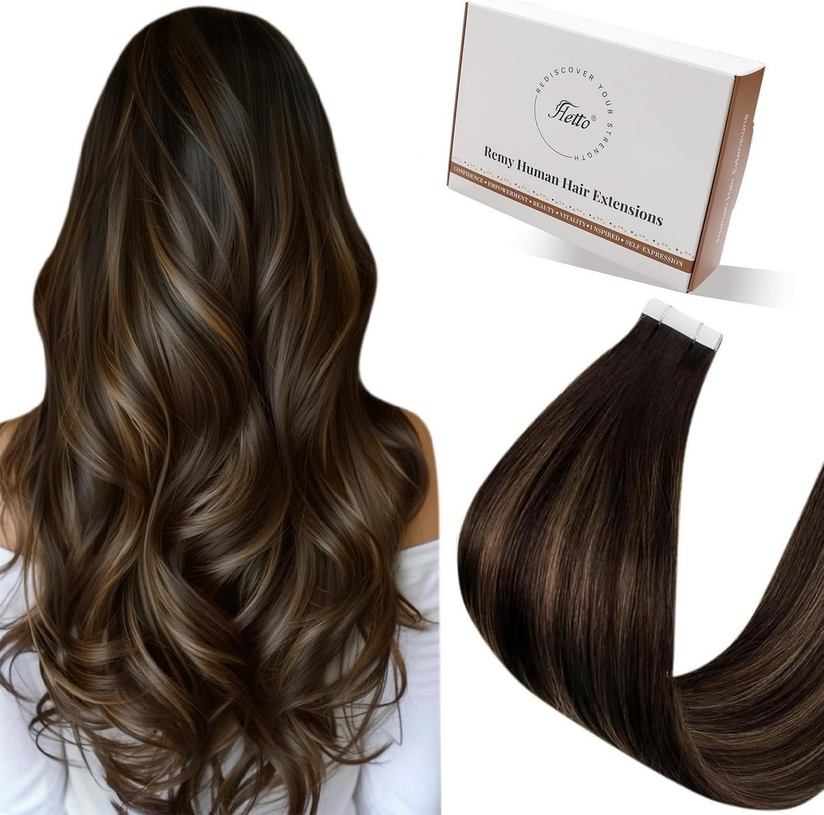 Tape in Hair Extensions Echt Menselijk Haar Donkerbruin Balayage Lichtbruin 35cm