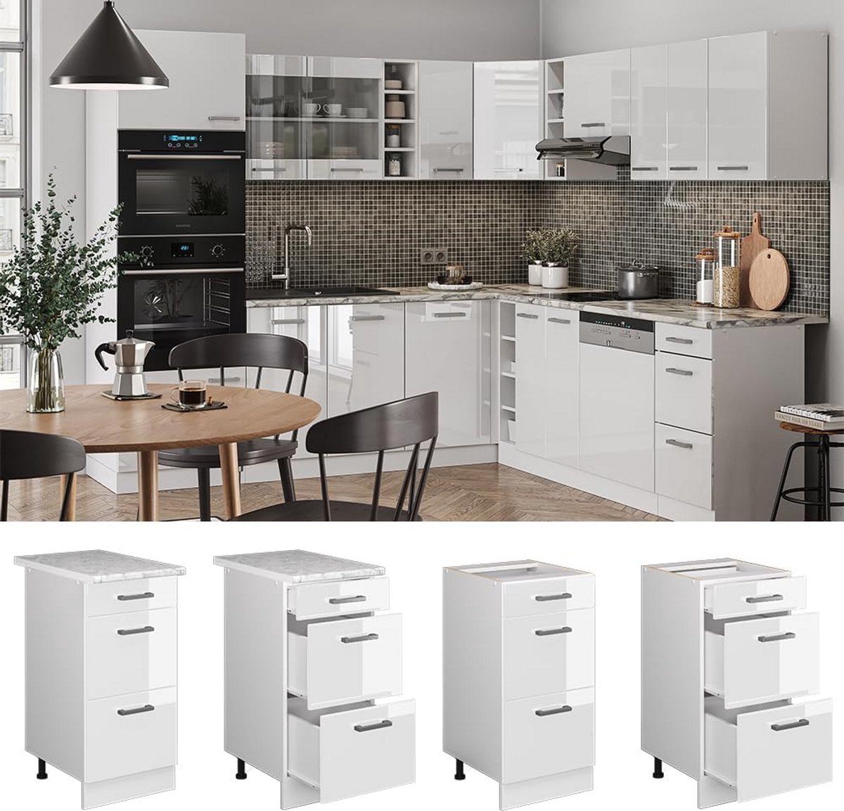 Keukenonderkast 40 cm Wit Hoogglans met 3 Laden - Modulair Systeem