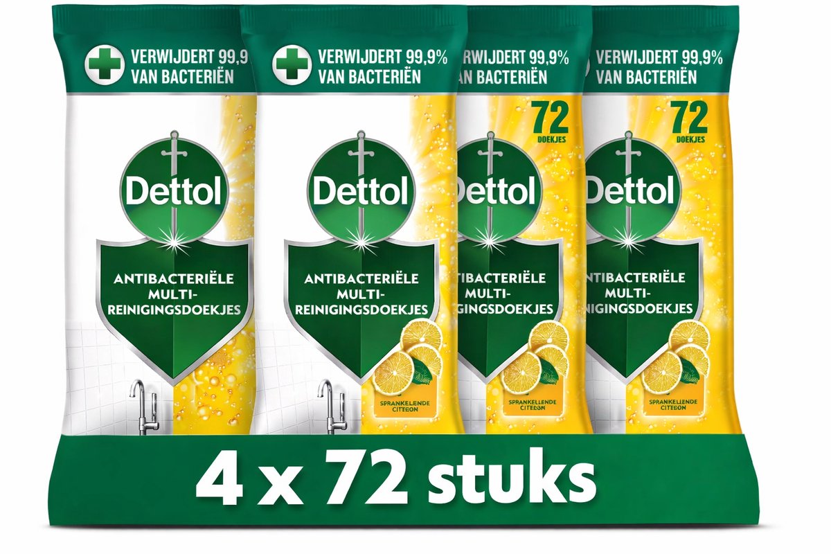 Dettol Antibacteriële Multi-Reinigingsdoekjes – 4 x 72 Stuks – Citroen – 99,9% Bacteriën Verwijdering
