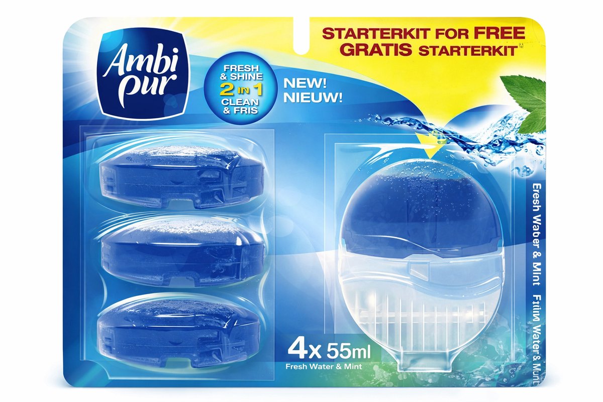 Ambi Pur WC Blok Luchtverfrisser Fresh Water & Mint – Toiletverfrisser – 4x 55ml – Starterkit – Langdurige Frisheid