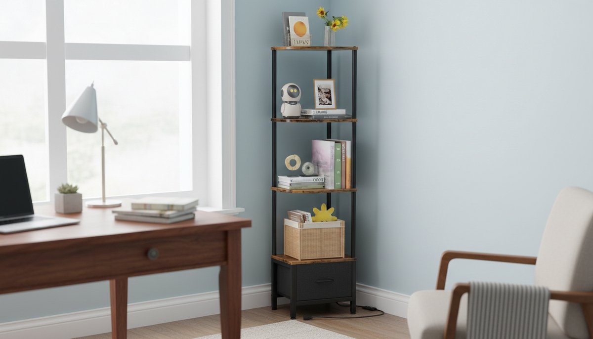 Boekenkast Hoek met Lade en LED-verlichting Casa Velluto – Hoog 147 cm – Smalle Hoekplank voor Woonkamer, Slaapkamer of Kantoor – Stoffen Lade, Modern Industriële Bruine Afwerking, 4 Planken