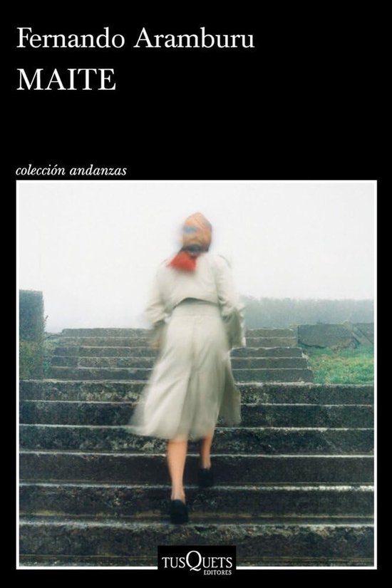 Une femme portant un foulard et un trench-coat monte un escalier en pierre dans le brouillard. Titre : MAITE.