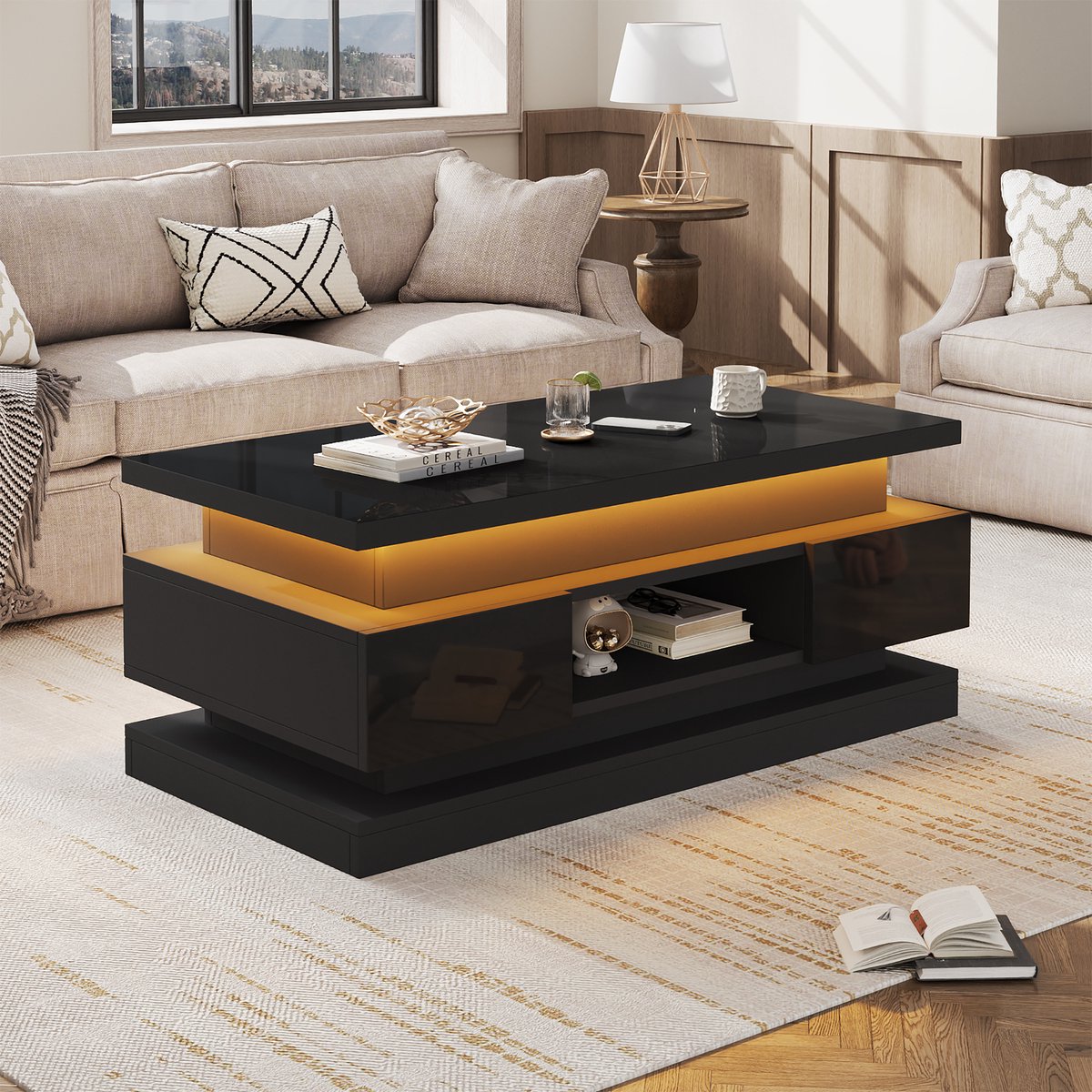 HAUSS SPOLE Salontafel - In Hoogte Verstelbaar Met LED En USB Aansluiting - Met 2 Lades En Verborgen Opbergruimte - Spaanplaat - Zwart - 100x50x40 Cm