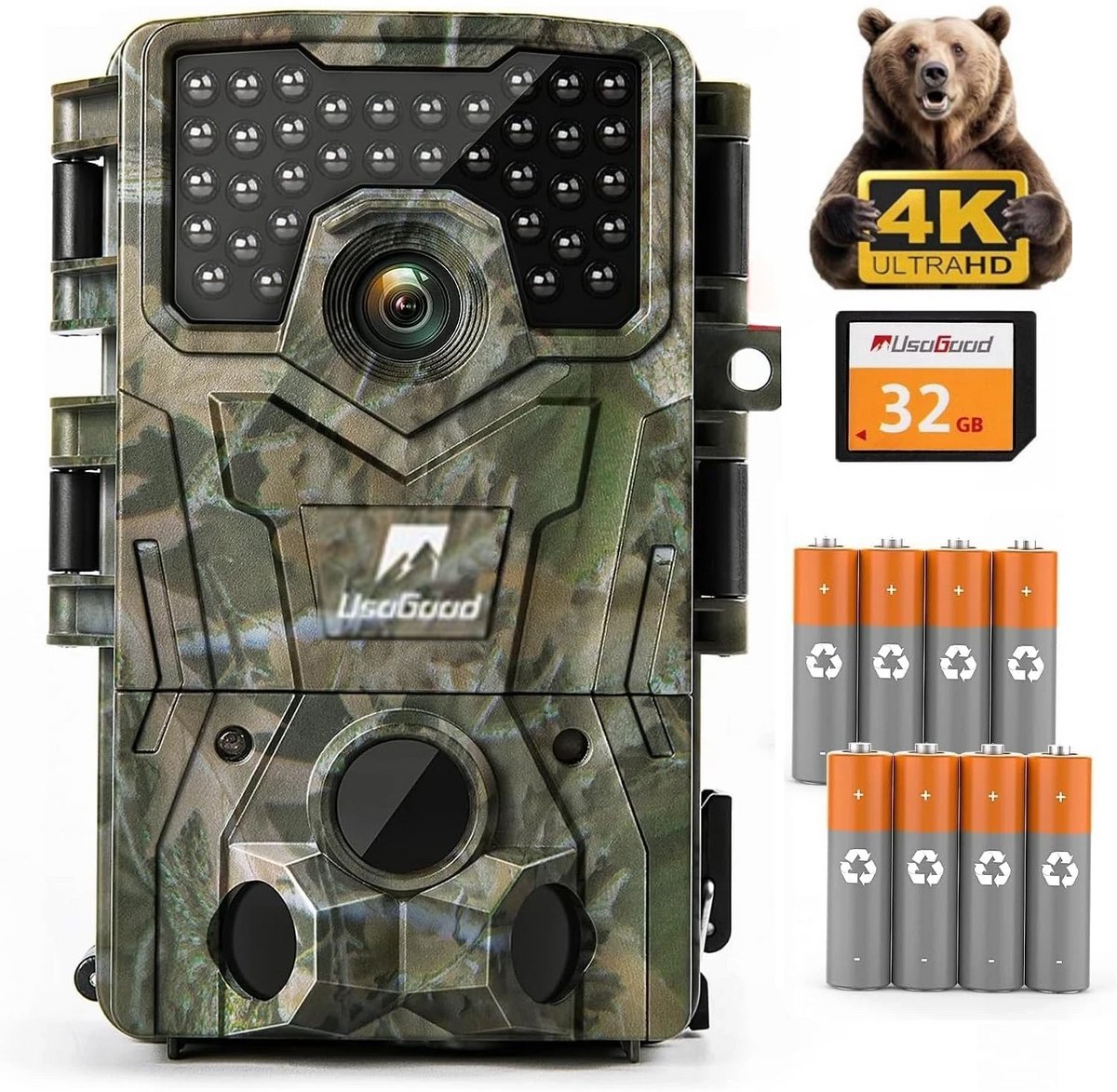 Usogood Professionele Wildcamera met Nachtzicht – 4K Ultra HD & 48MP - Wildcamera voor Buiten - 120° Detectiehoek - 2.0" SchermIncl - 32GB SD - 8 Batterijen
