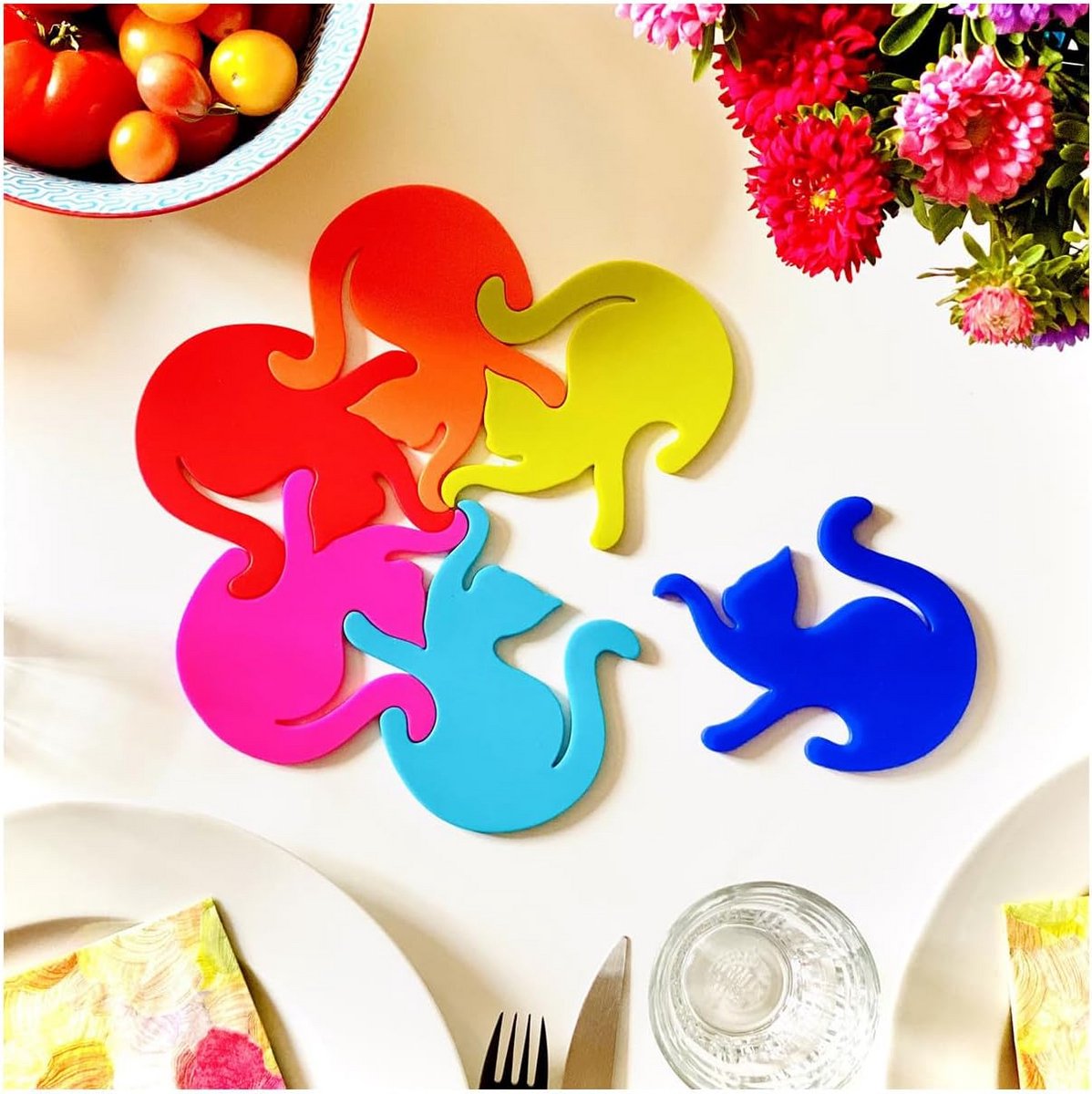 Set van 4 Onderzetters Katten Multicolor - Hittebestendig en Decoratief