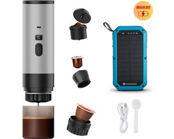 Best Active - 3-in-1 Draagbare Koffiemachine - Inclusief 10.000 mAh Solar Powerbank - Draagbaar Koffiezetapparaat - Cups en Gemalen Koffie - Draagbaar en Oplaadbaar - Espressomachine - Zilver
