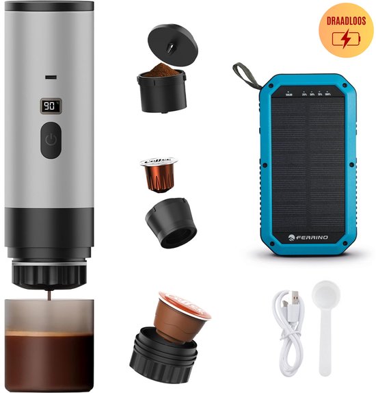 Best Active - 3-in-1 Draagbare Koffiemachine - Inclusief 10.000 mAh Solar Powerbank - Draagbaar Koffiezetapparaat - Cups en Gemalen Koffie - Draagbaar en Oplaadbaar - Espressomachine - Zilver