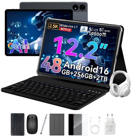 TABWEE T60 - Tablet - 48GB RAM - 256GB ROM - met over-Ear hoofdtelefoon - Android 16 - 11 inch - 8000mAh - WIFI Tablet - OTG - Grijs