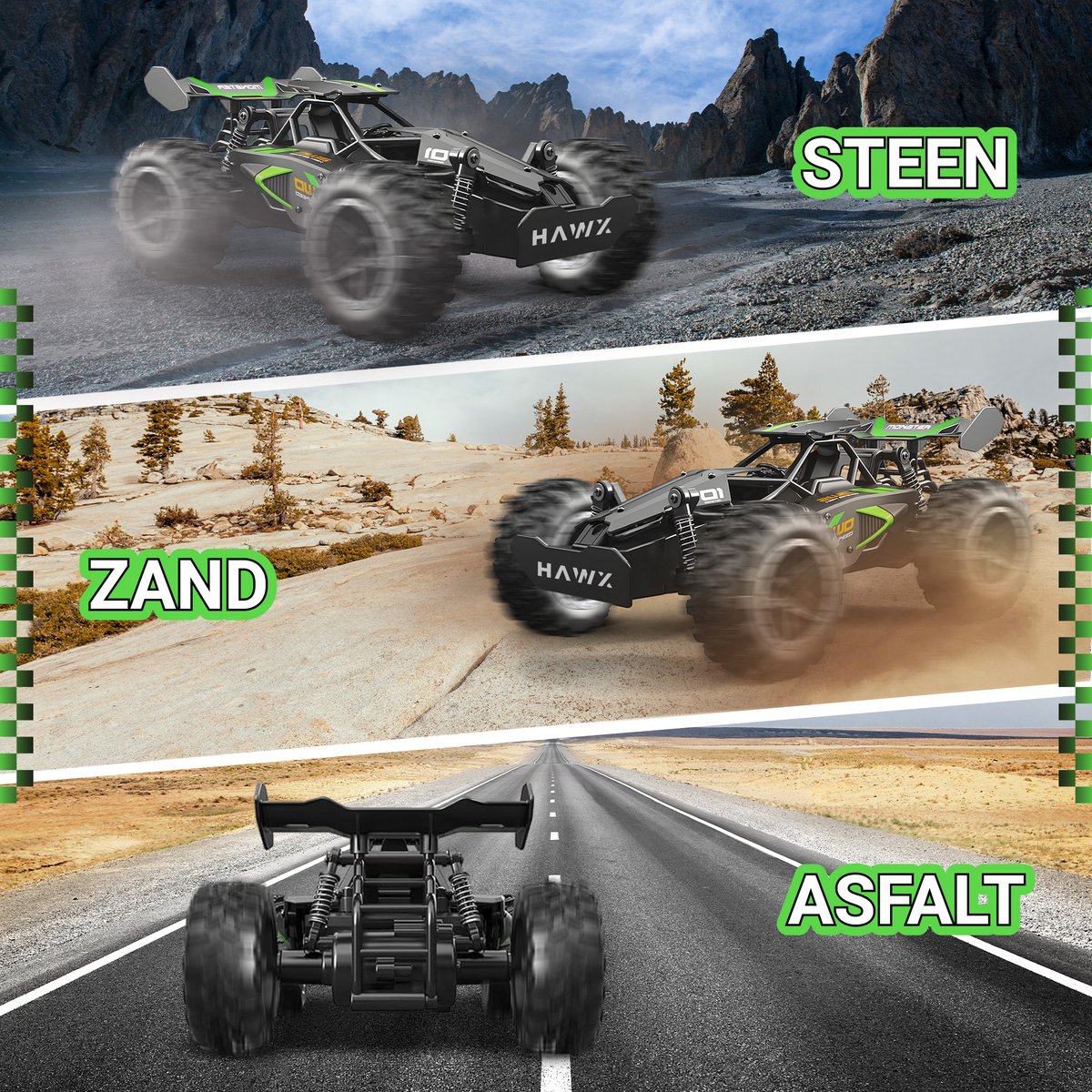 HAWX Bestuurbare Auto - RC Auto - Race Auto - Monstertruck - Afstandsbestuurbare Auto - Volwassenen en Jongens - Voor Buiten - Incl. 3 Batterijen, 8 Verkeerskegels — afbeelding 7