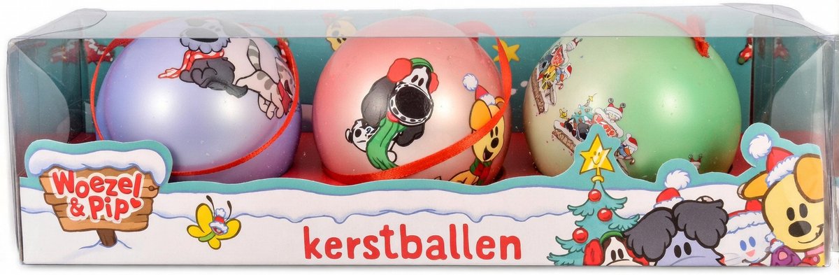 6 Kerstballen Woezel en Pip - vrolijke gekleurde kerstballen kunststof - kerstversiering