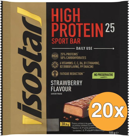 Verpakking van 20 Isostar High Protein 25 sportrepen met aardbeiensmaak.