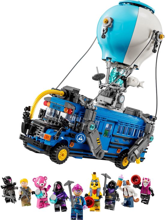 Set de construction LEGO Fortnite Battle Bus avec bus bleu et ballon, et neuf figurines.