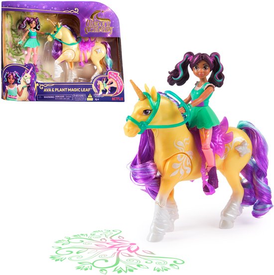 Unicorn Academy, Ava & Plant Magic Leaf met lichteffecten, 2 rijaccessoires, poppen en eenhoornspeelgoed