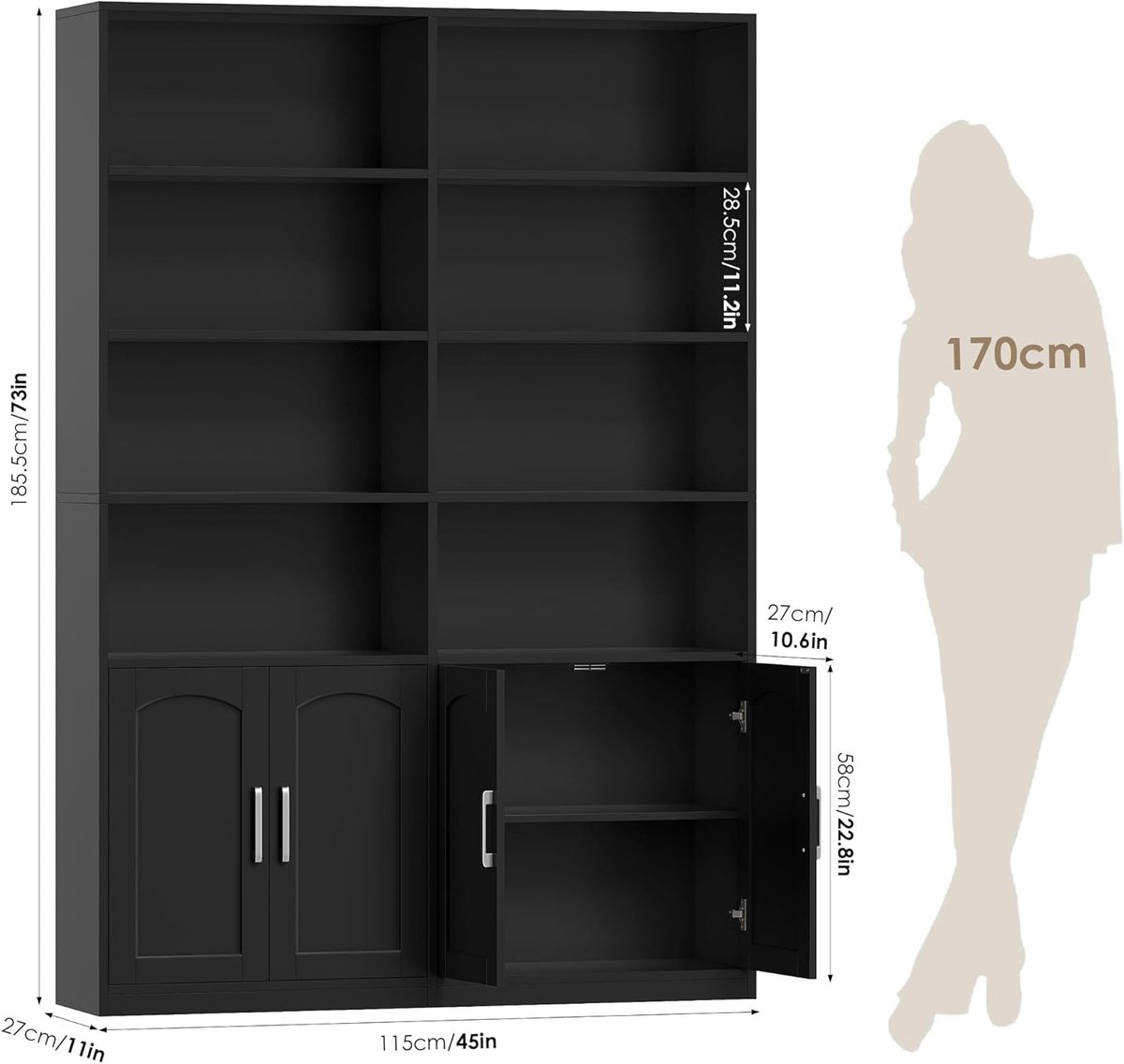 Boekenkast met Deuren 185,5 cm – Casa Velluto Elegance Pro – Hoge 6-laagse Boekenkast met 12 Planken en 4 Deuren – Vrijstaande Opbergkast Zwart 115x27x185,5 cm – Woonkamer, Slaapkamer en Kantoor