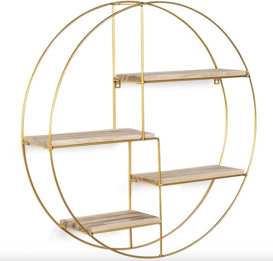Gouden ronde wandplank met 4 houten planken in een trapvorm.