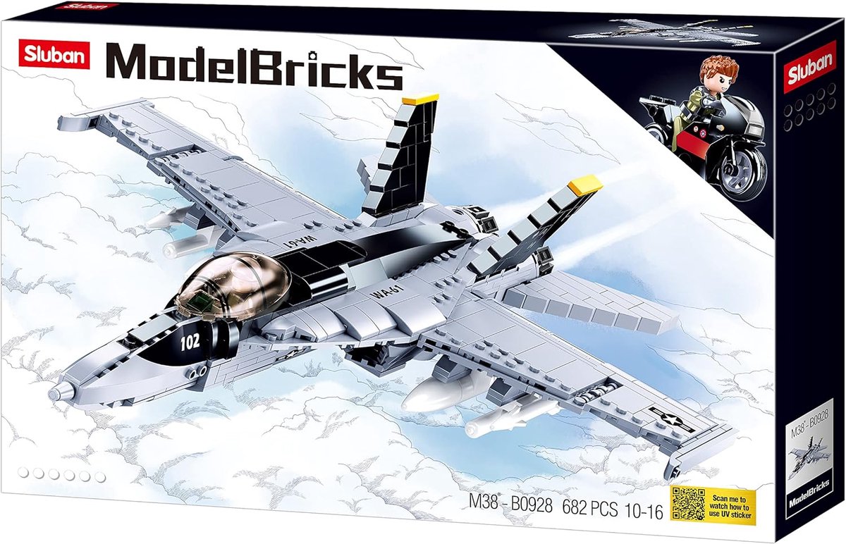 Sluban ModelBricks F-18 Bumblebee Fighter Straaljager bouwspeelgoed - Constructiespeelgoed modelbouw - bouwdoos met 682 bouwstenen - M38-B0928 vanaf 10 jaar — afbeelding 2