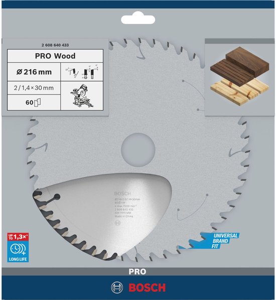 Bosch PRO Wood zaagblad van 216 mm met 60 tanden, geschikt voor hout, universele pasvorm en lange levensduur.