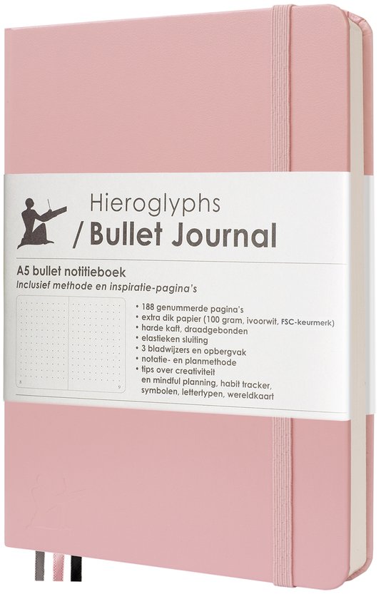 Hieroglyphs Bullet Journal - Carnet A5 Pointillés - Papier 100 grammes - avec manuel et inspiration néerlandais - Carnet à couverture rigide - Rose